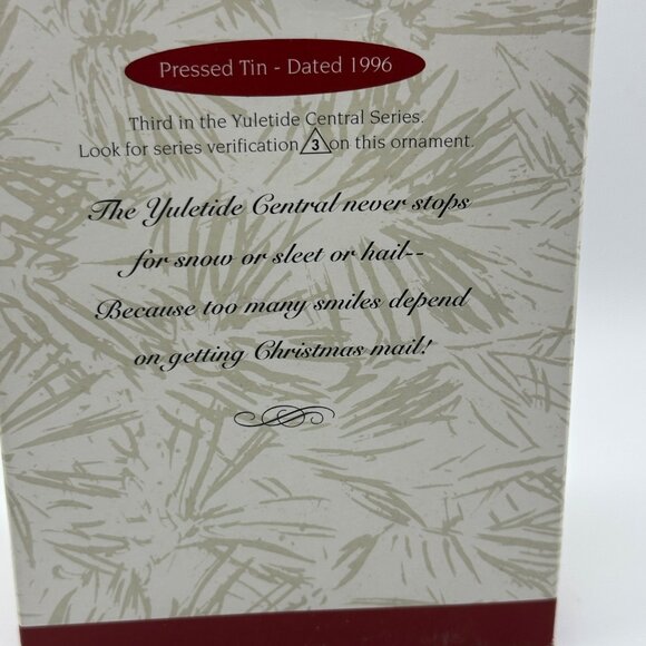 Hallmark Keepsake Yuletide Central pressed tin 1996 mail car in box Ornament - Picture 7 of 8